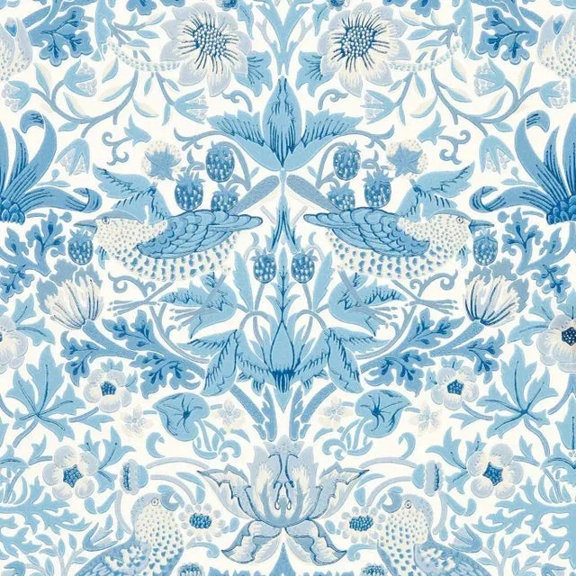 Morris & Co Simply Strawberry Thief Wallpaper in Woad – a Sample