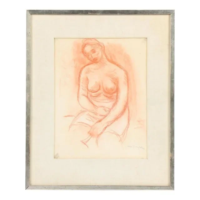 Moses Soyer, Seated Female Nude, Sanguine on Paper, Framed