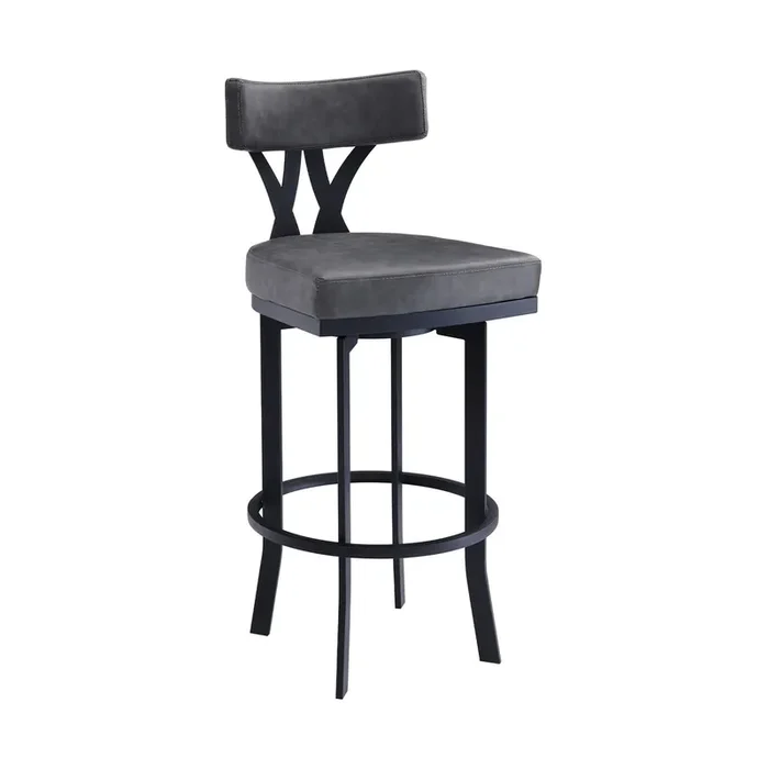 Natalie Contemporary 26″ Counter Height Barstool In Black Powder Coated Finish And Vintage Grey Faux Leather