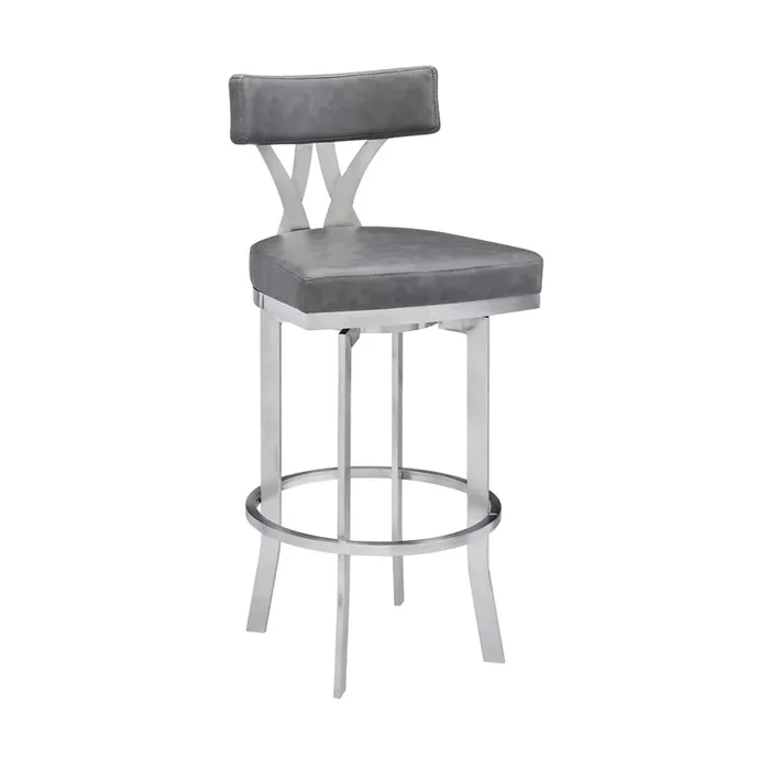 Natalie Contemporary 26″ Counter Height Barstool In Brushed Stainless Steel Coated Finish And Vintage Grey Faux Leather