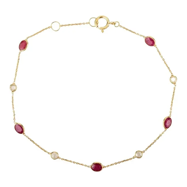 Natural Ruby Diamond Chain Bracelet in 18k Solid Yellow Gold