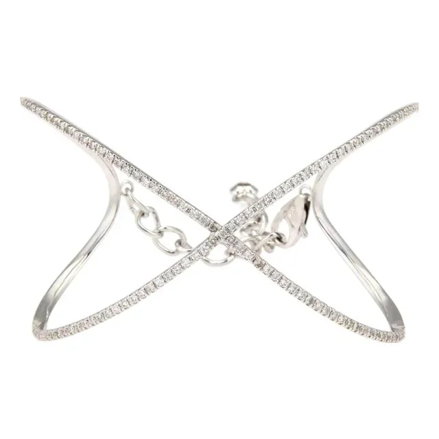 New 14K White Gold 1.65ctw Pave Diamond Crossover Bangle Bracelet