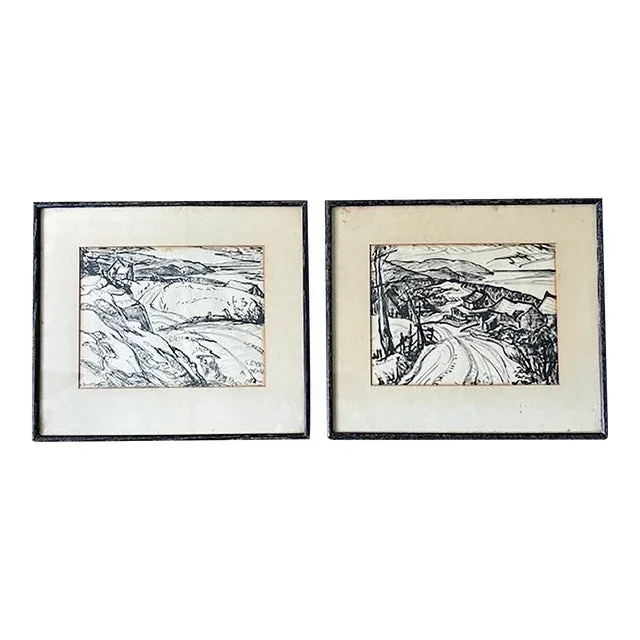 Original Early Mid Century Landscape Ink Drawings by Listed Artist Hesill Boultbee – Signed