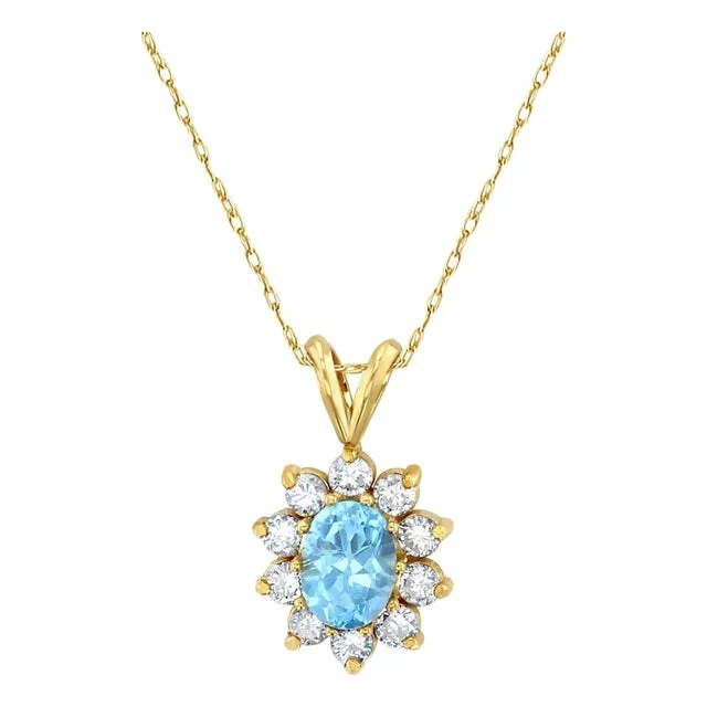 Oval Blue Topaz Diamond Halo Necklace 1.75cttw 14k Yellow Gold 16″