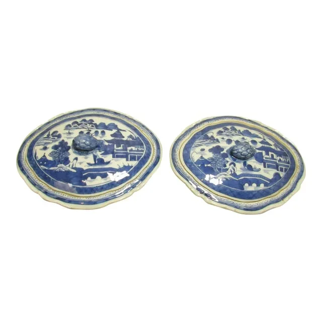 Pair of Chinese Export Blue and White Porcelain Canton Covered Dishes