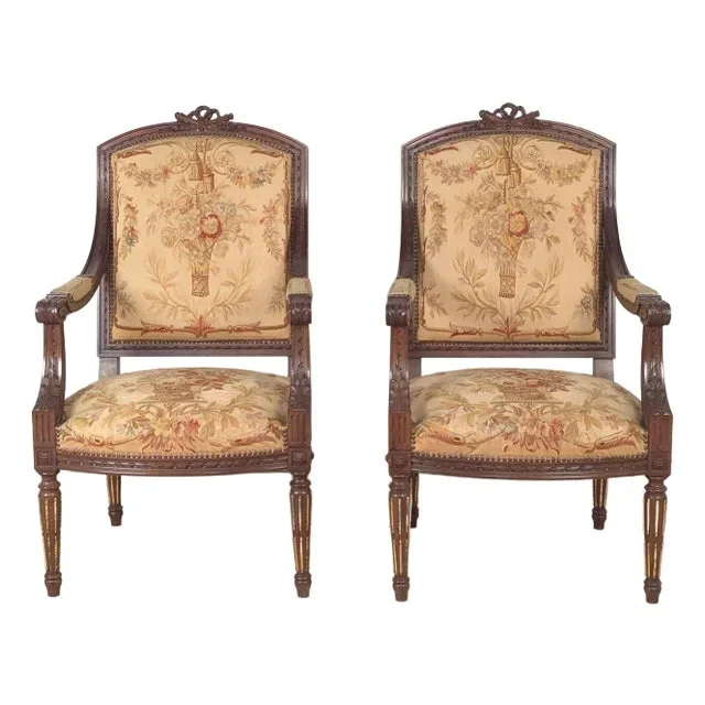 Pair of Louis XVI–Style Walnut/Beech Part Gilt Armchairs With Aubusson Tapestry Upholstery