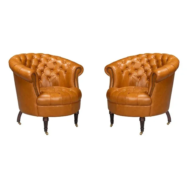 Pair of Tan Saddle Leather Barrel Back Chairs