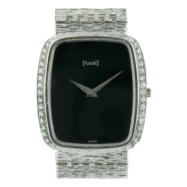 Piaget 18k White Gold Men’s Watch Black Dial Diamond Bezel 9765 A6