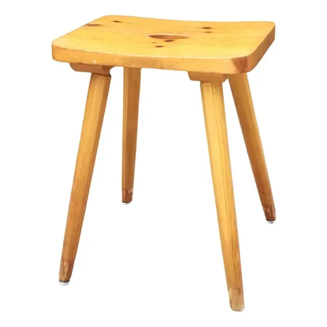 Pine Stool with Concave Seat and Pencil Legs, France, 1970s