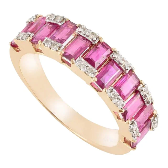 Real Ruby and Diamond Engagement Band Ring in 14k Solid Yellow Gold Size 7