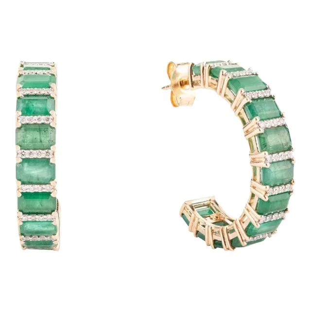 Regal 7.65 Carat Emerald Diamond Half Infinity Hoop Earrings in 14k Yellow Gold- 2 Pieces
