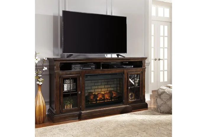 Roddinton Dark Brown 72″ TV Stand with Electric Fireplace
