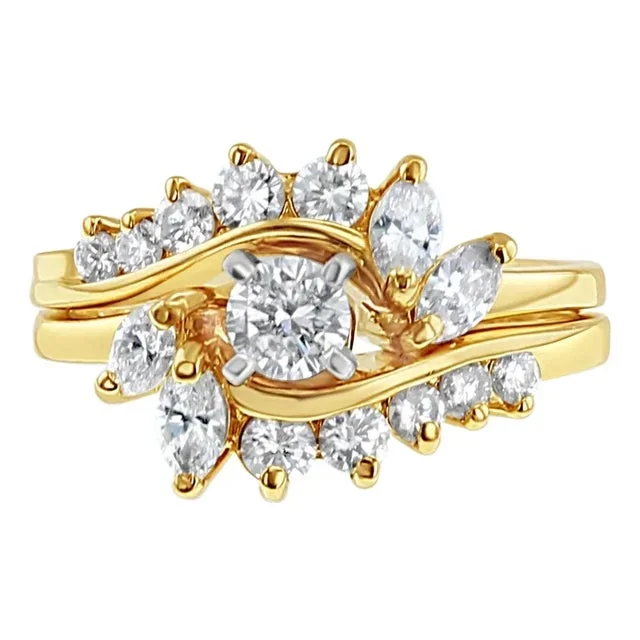 Round Diamond & Marquise Accented Bridal Ring Set 1.50cttw 14k Yellow Gold, Size 6.5
