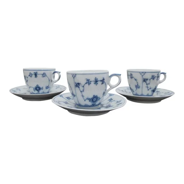 Royal Copenhagen Denmark 2162 Plain Blue Fluted Flat Cup & Saucer Set of 3