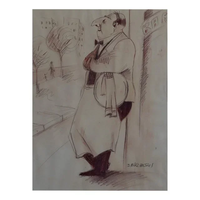 Salvador Pérez Bassols, The Waiter, Ink Drawing