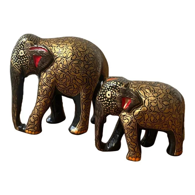 Set of 2 Indian Wooden Elephant Figurines Handpainted/Handmade in India