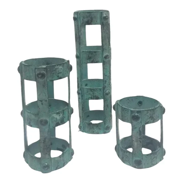 Set of 3 Brutalist Style Candlestick Holders Cage Design, 1970s