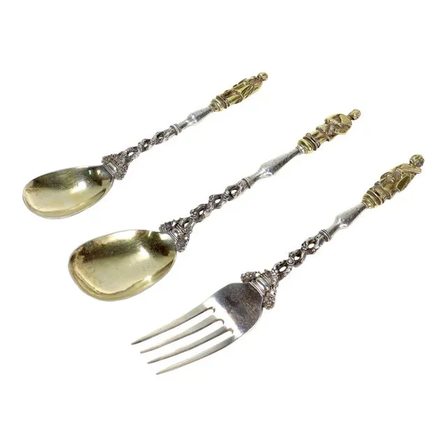 Signed Antique 3 Pc. Sun Shing Chinese Export Silver Spoons & Fork Flatware Set