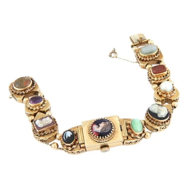 Slide Charms Bracelet Vintage 14k Gold Cameo Gems Hidden Watch