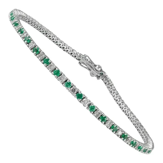 Solid 18k White Gold Natural Round-Cut Emerald and Diamond Line Bracelet