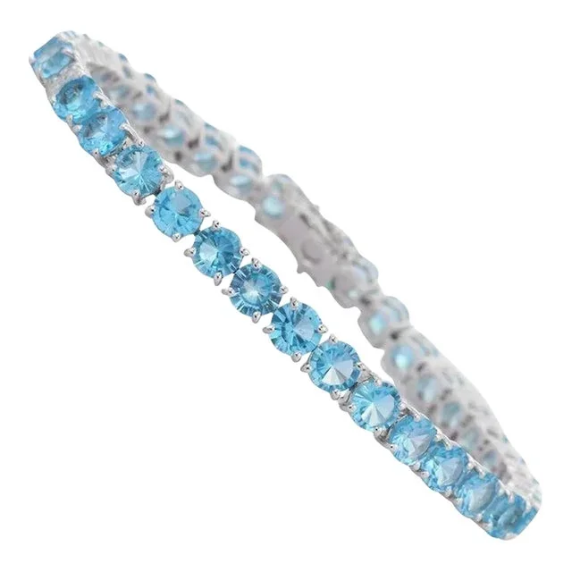 Sparkling Round Cut Blue Topaz Tennis Bracelet in 18k Solid White Gold