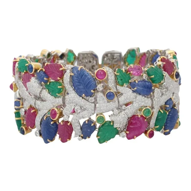 Statement 68.50 Carats Emerald Ruby Sapphire Bracelet in 18kt Solid White Gold