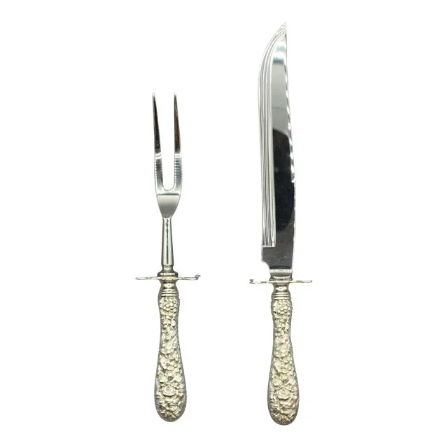 Stieff Sterling Silver Handled Roast Carving Set in “Rose” or “Baltimore Rose” Pattern