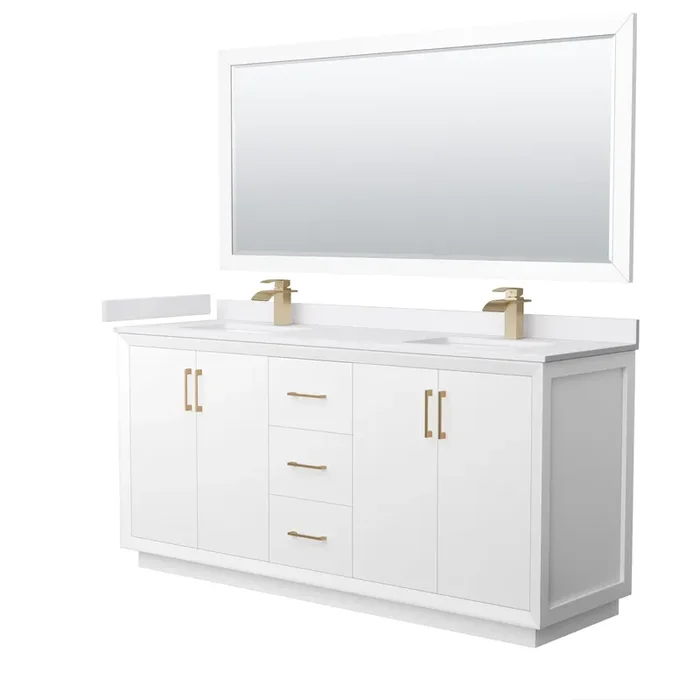Strada 72 Inch Double Bathroom Vanity In White, White Cultured Marble Countertop, Undermount Square Sink, Satin Bronze Trim, 70 Inch Mirror