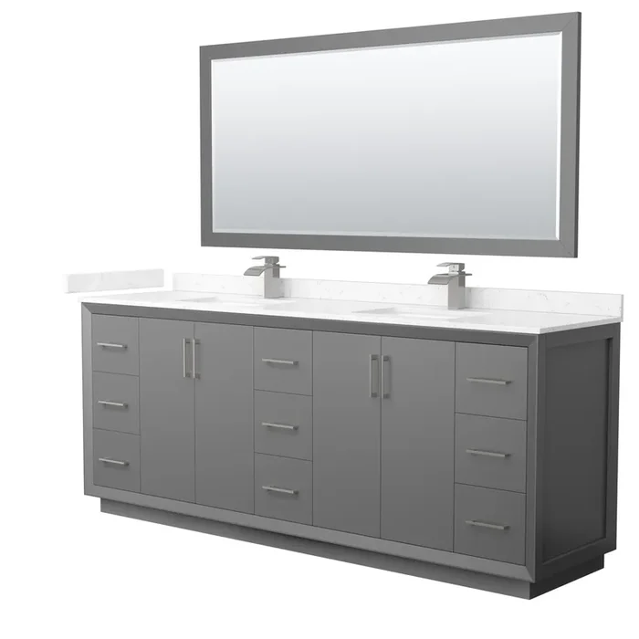 Strada 84 Inch Double Bathroom Vanity In Dark Gray, Carrara Cultured Marble Countertop, Undermount Square Sink, Brushed Nickel Trim, 70 Inch Mirror