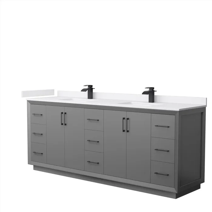 Strada 84 Inch Double Bathroom Vanity In Dark Gray, White Cultured Marble Countertop, Undermount Square Sink, Matte Black Trim