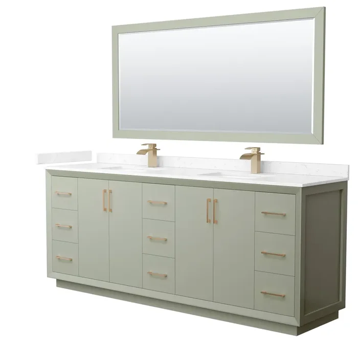 Strada 84 Inch Double Bathroom Vanity In Light Green, Carrara Cultured Marble Countertop, Undermount Square Sinks, Satin Bronze Trim, 70 Inch Mirror