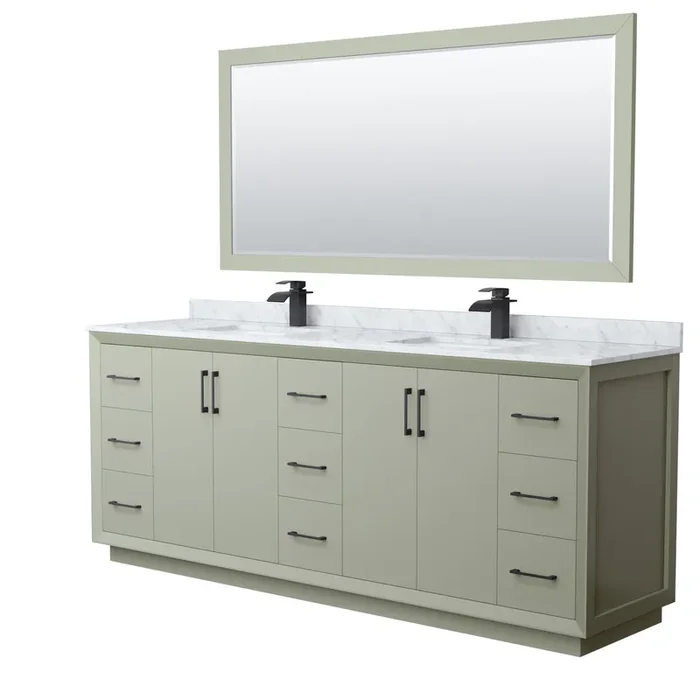 Strada 84 Inch Double Bathroom Vanity In Light Green, White Carrara Marble Countertop, Undermount Square Sinks, Matte Black Trim, 70 Inch Mirror