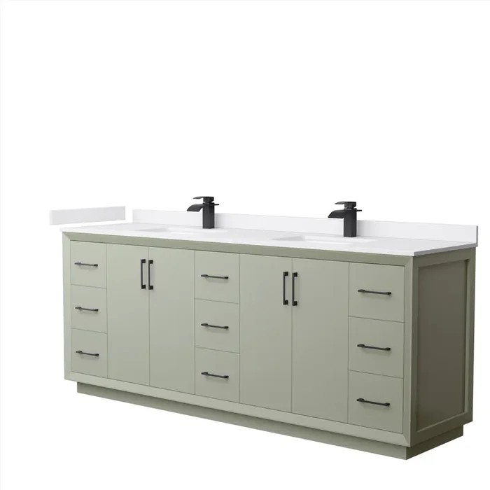 Strada 84 Inch Double Bathroom Vanity In Light Green, White Cultured Marble Countertop, Undermount Square Sinks, Matte Black Trim