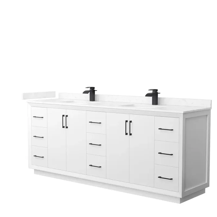 Strada 84 Inch Double Bathroom Vanity In White, Carrara Cultured Marble Countertop, Undermount Square Sink, Matte Black Trim