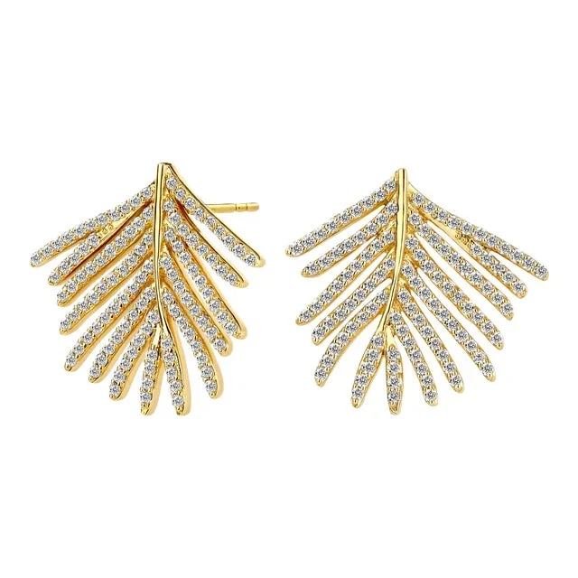 Syna Yellow Gold Palm Leaf Earrings with Diamonds, a Pair