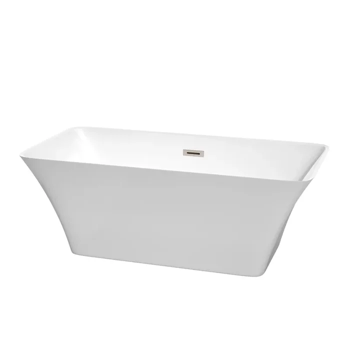 Tiffany 59 Inch Freestanding Bathtub In White With Brushed Nickel Drain And Overflow Trim