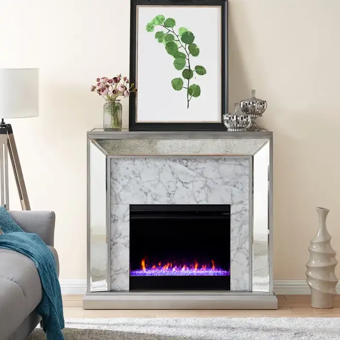 Trandling Mirrored Faux Stone Fireplace With Color Changing Firebox