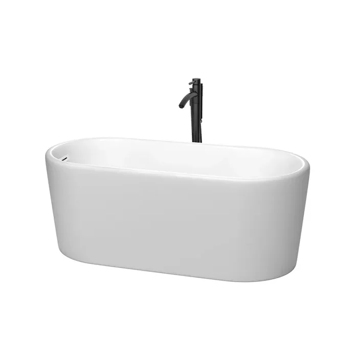 Ursula 59 Inch Freestanding Bathtub In Matte White With Shiny White Trim And Floor Mounted Faucet In Matte Black