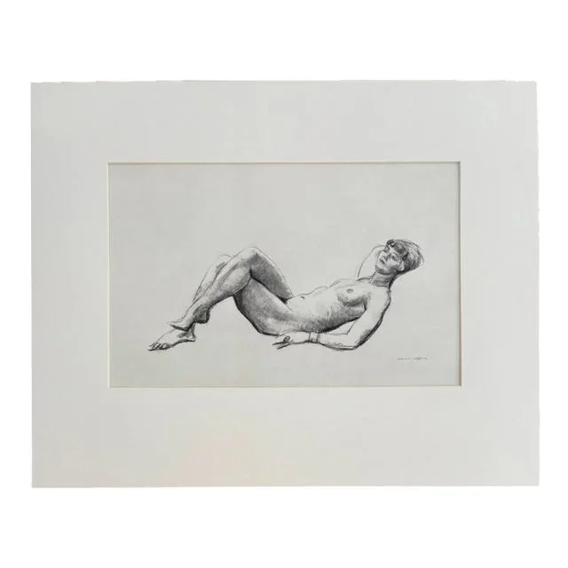 Vintage 1960s Print of an Edward Hopper Drawing, “Reclining Nude” in 20×16 Mat