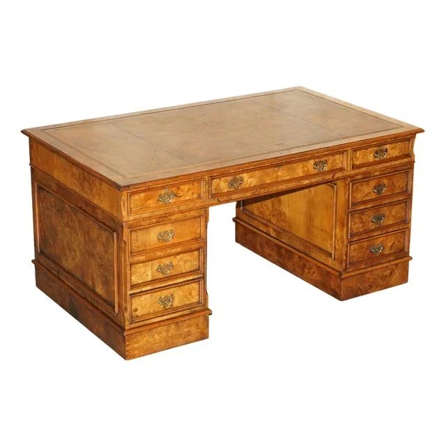 Vintage Burr Walnut and Leather Partner Desk