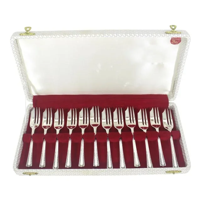 Vintage English Silver Plated Pastry Cake Dessert Forks in Matching Original Case- 12 Pieces