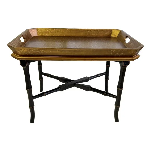 Vintage Hand Gilt Black and Gold Accent Butler’s Tray Table With Faux Bamboo Legs by Lane