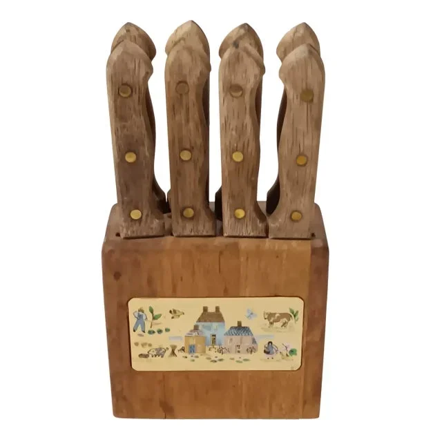Vintage Heartland Steak Knifes by International Stoneware – Farm Scene Set of 8 With Block Holder