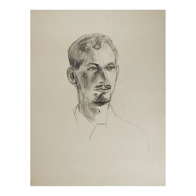 Vintage Mid 20th Century Portrait Charcoal Drawing of Man