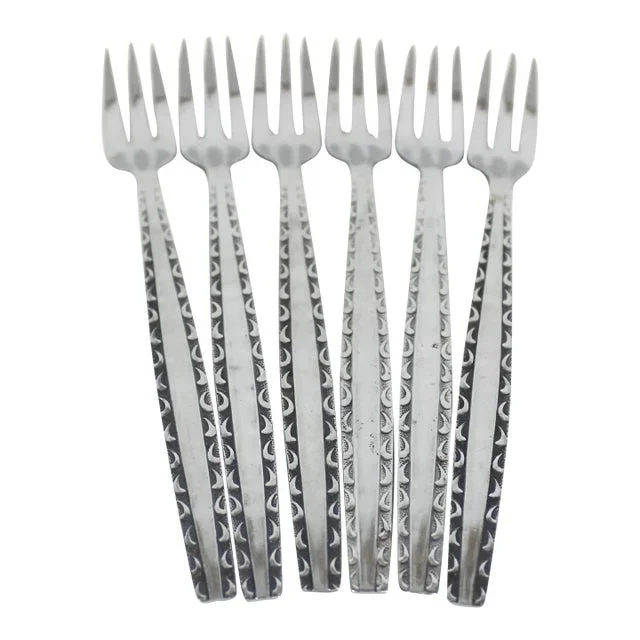 Vintage Mid Century Modern Scroll Black Detail Stainless Cocktail Forks- Set of 6