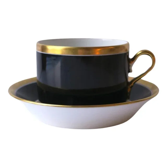 Vintage Richard Ginori Black Gold Porcelain Coffee or Tea Cup and Saucer – 2 Pieces
