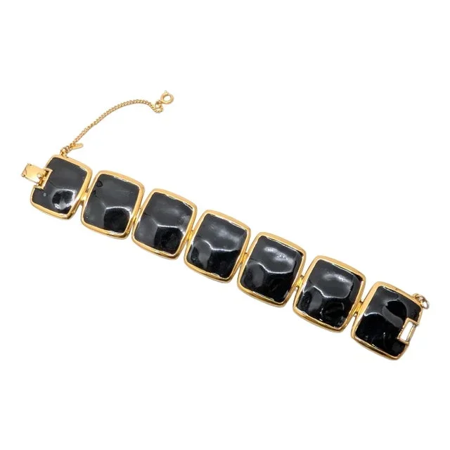 Vintage Signed Monet Goldtone & Black Enamel Contempora Link Bracelet, 1972