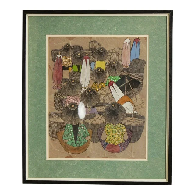 Vintage Thailand Market Original Mixed Media Drawing, Signed