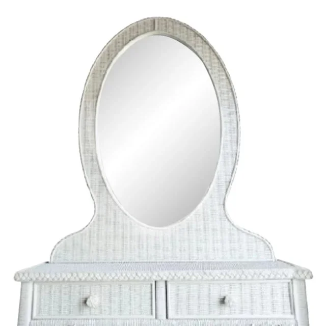 Vintage White Wicker Large Oval Storage Vanity Top Mirror With 2 Drawers