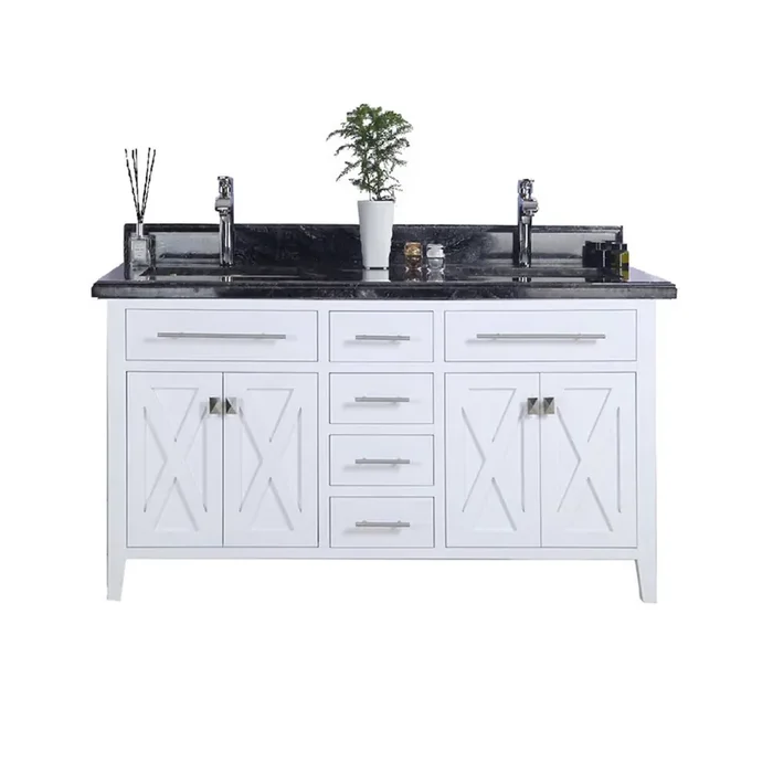 Wimbledon – 60 – White Cabinet + Black Wood Marble Countertop